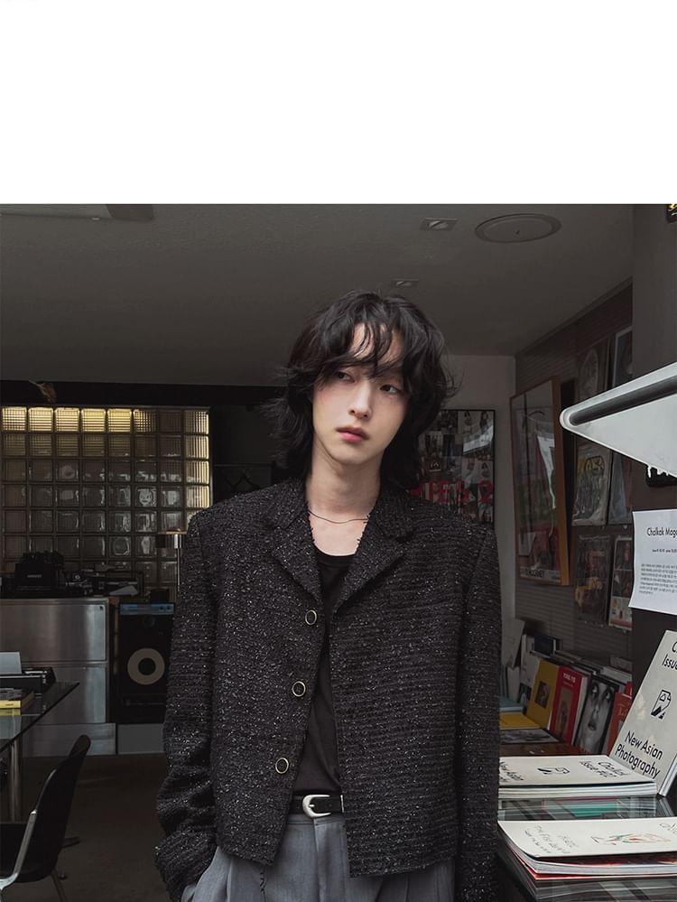 Notch Lapel Button-Up Plain Tweed Crop Jacket Product Image