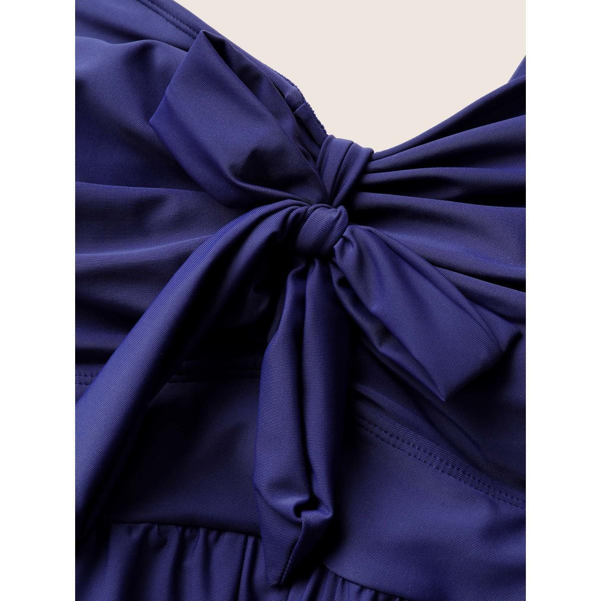 Plus Size Plain Bowknot Pocket Gathered One Piece Swimsuit Women's Swimwear Indigo Beach Non Curve Bathing Suits High stretch One Pieces BloomChic 26/4X Product Image