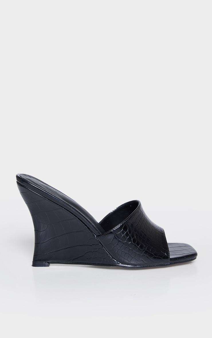 Black Croc PU Square Toe Wedge Heeled Sandals Product Image