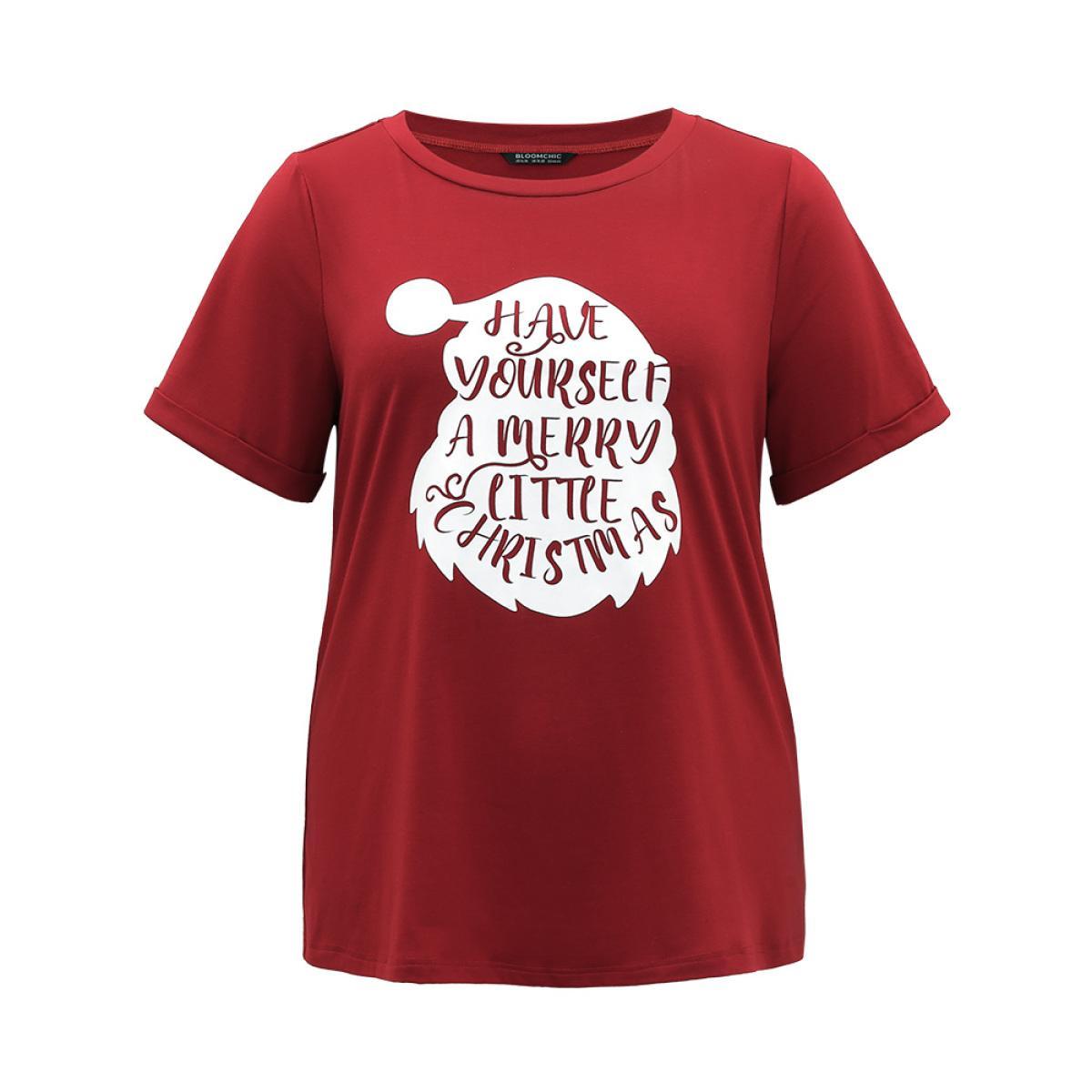 Plus Size Christmas Print Round Neck Roll Sleeve T-shirt Raspberry Women Casual Printed Christmas Festival-Christmas T-shirts BloomChic 30/6X Product Image