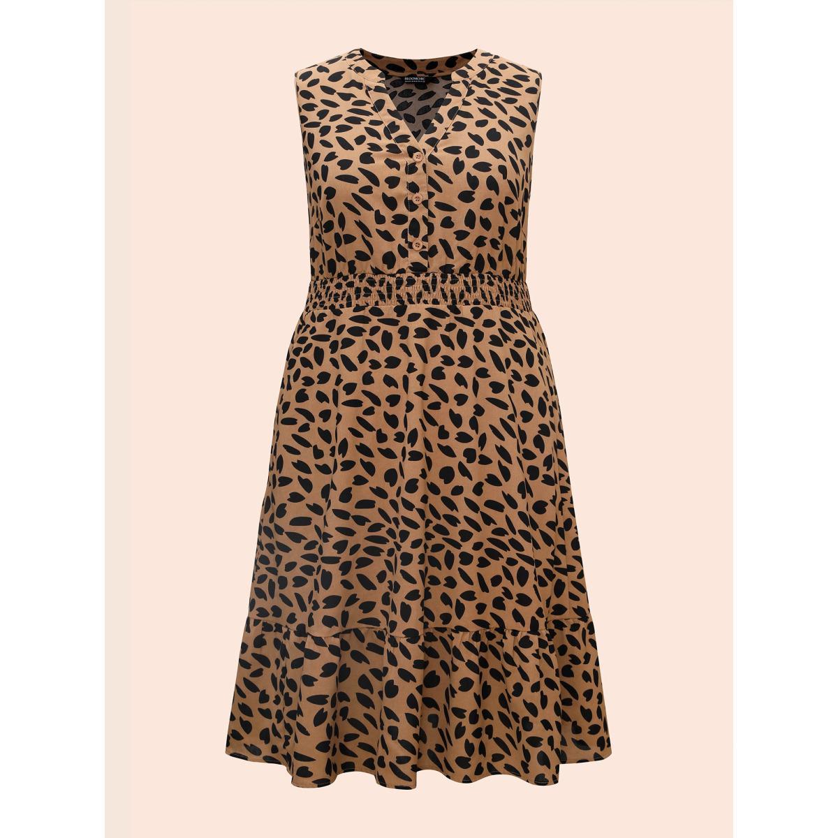 Plus Size Leopard Print Notched Shirred Tank Dress Tan Women At the Office Button Flat collar with V-notch Sleeveless Curvy BloomChic 18-20/2X Product Image