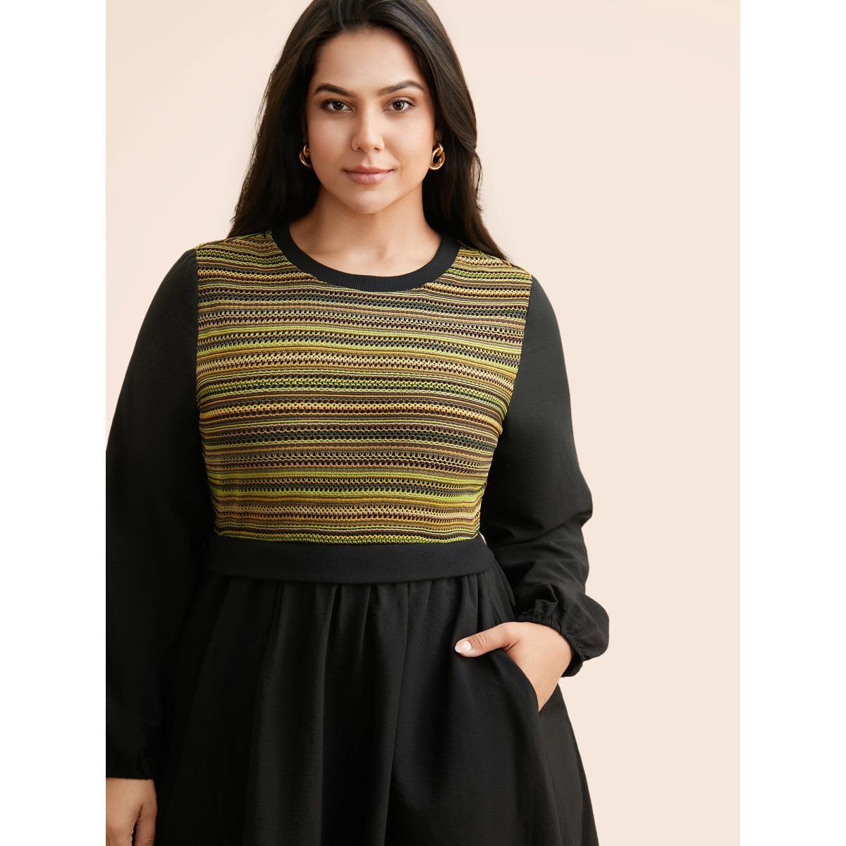 Plus Size Striped Patchwork Texture Lantern Sleeve Dress Black Women Elegant Texture Round Neck Long Sleeve Curvy BloomChic 12/L Product Image
