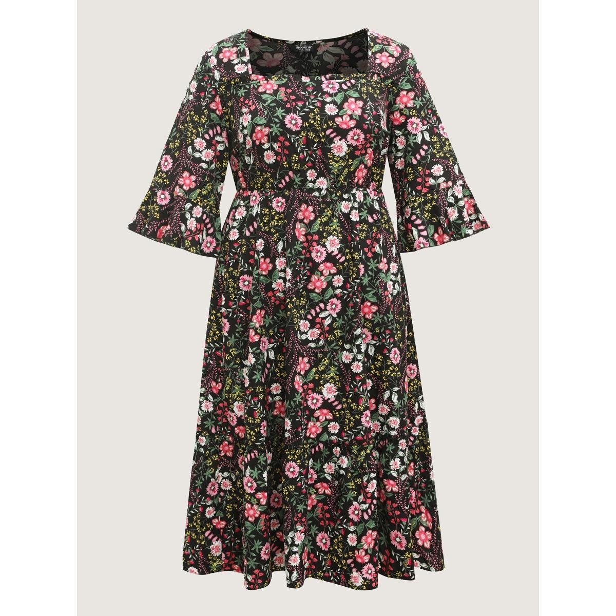 Plus Size Floral Ruffled Square Neck Midi Dress Black Women Ruffles Square Neck Elbow-length sleeve Curvy BloomChic 26/4X Product Image