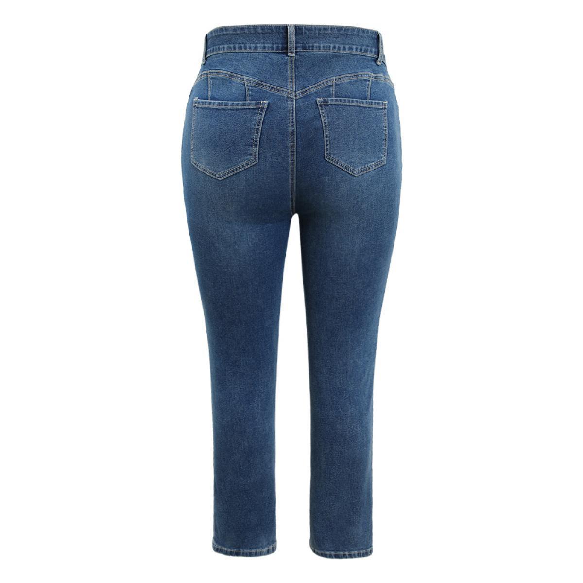 Plus Size Straight Leg Very Stretchy High Rise Medium Wash Jeans Women Indigo Casual Plain Distressed High stretch Pocket Jeans BloomChic 12/L Product Image
