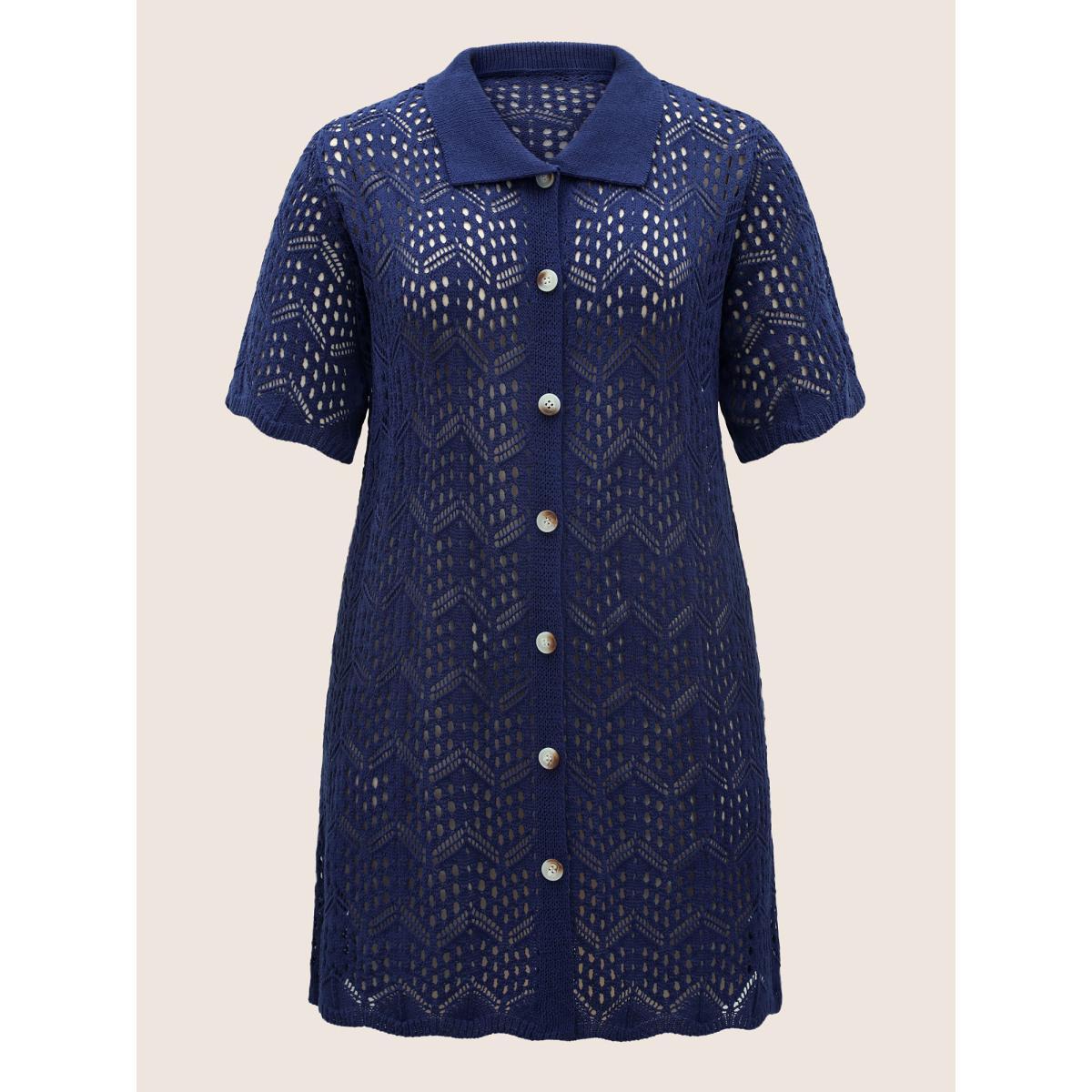 Plus Size Polo Neck Geometric Cut Out Swim Cover Up Women's Swimwear Indigo Beach Loose Texture Curve Swim Cover Ups BloomChic 14-16/1X Product Image