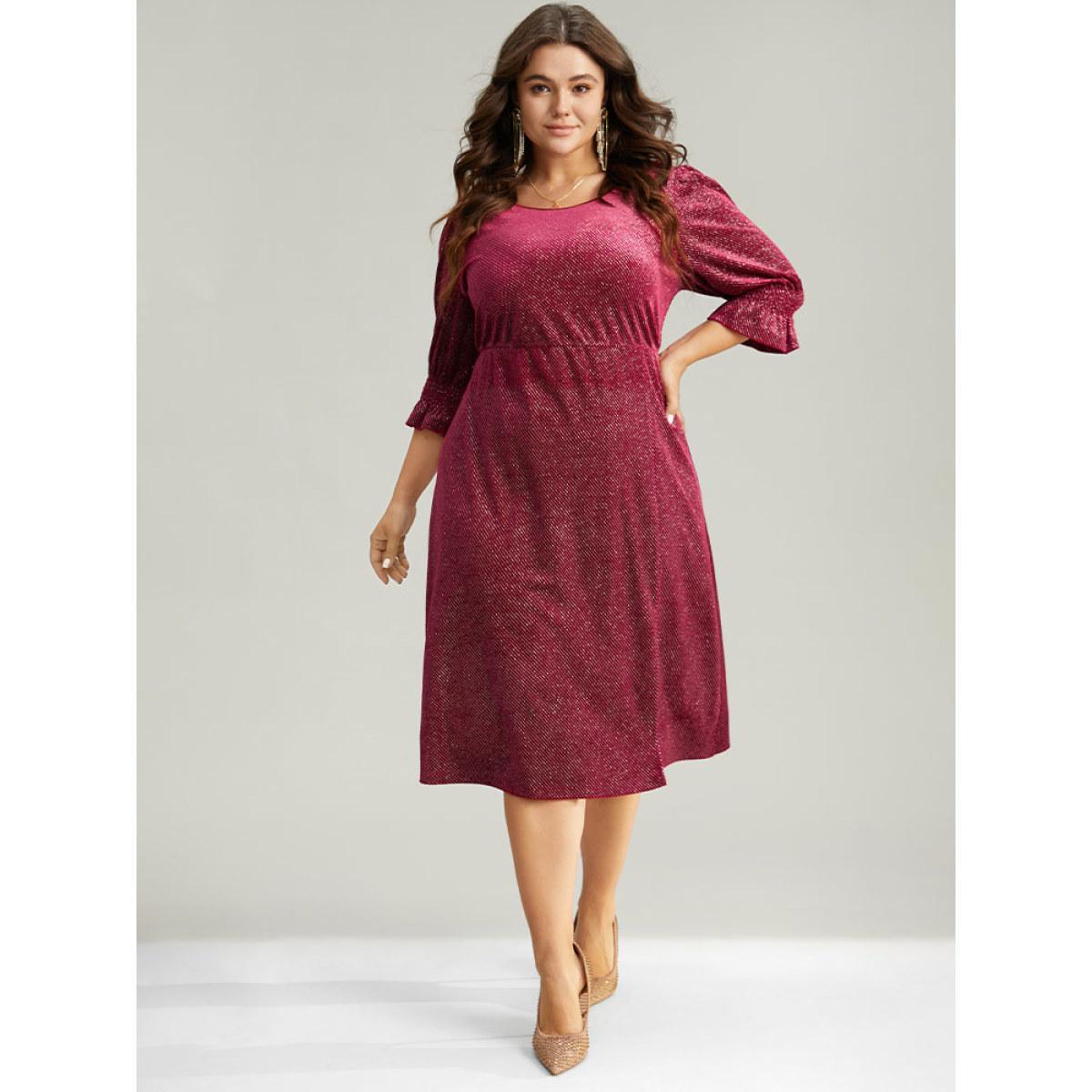 Plus Size Plain Velvet Glitter Split Hem Shirred Dress Scarlet Women Glamour Velvet Round Neck Half Sleeve Curvy Midi Dress BloomChic 14-16/1X Product Image