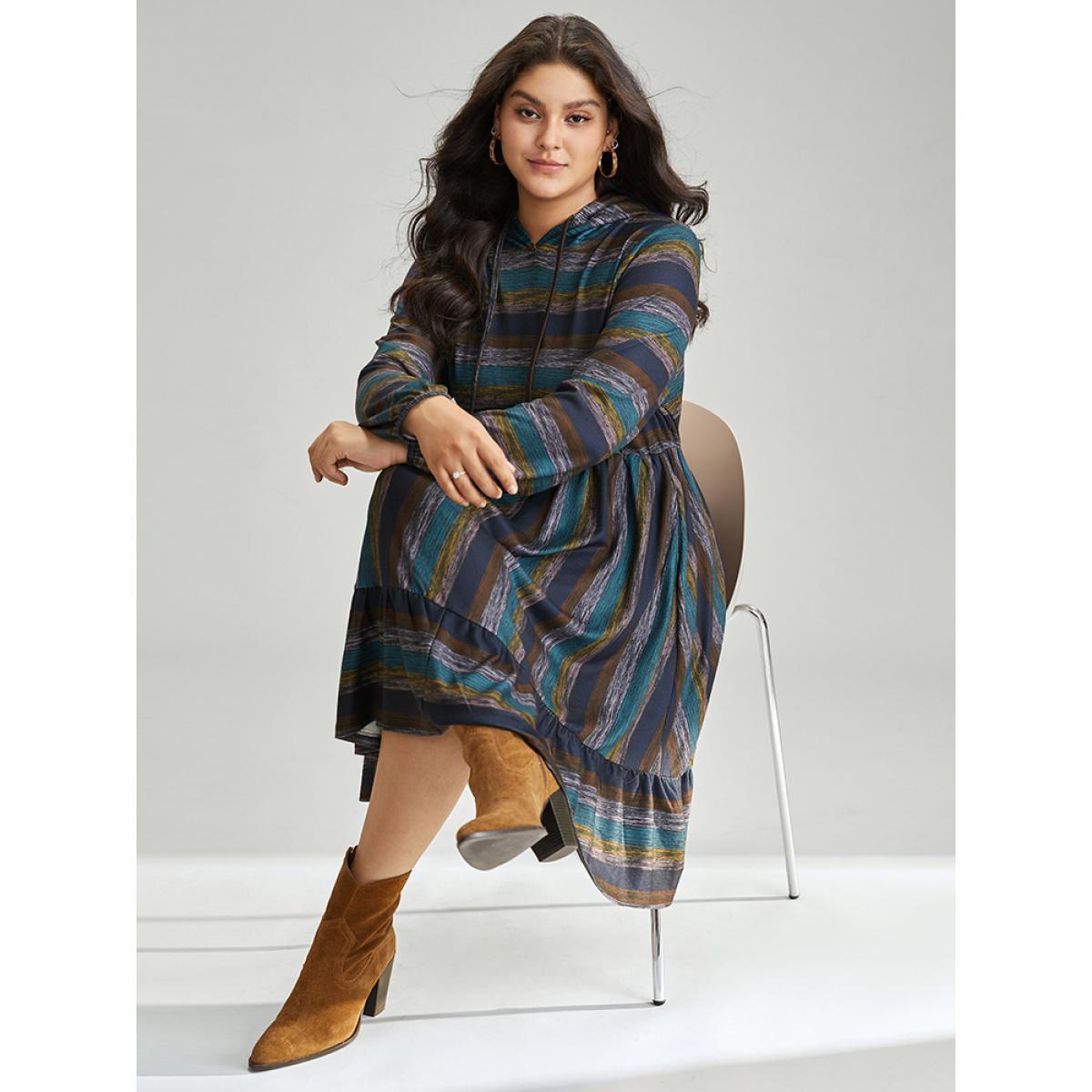 Plus Size Striped Contrast Ruffle Layered Hem Hooded Dress Multicolor Women Casual Elastic cuffs Hooded Long Sleeve Curvy Midi Dress BloomChic 10/M Product Image
