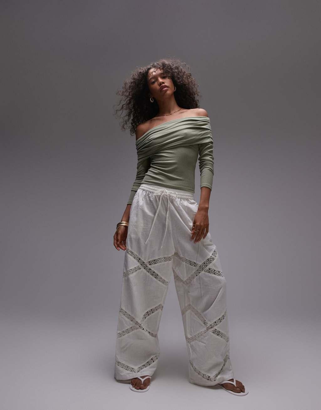 Topshop premium ribbed long sleeve bardot top in washed khaki Product Image