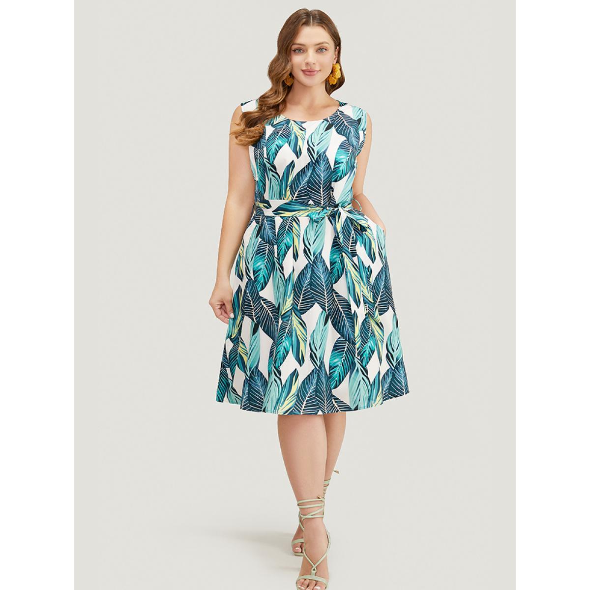 Plus Size Tropical Print Pocket Belted Tank Dress Emerald Women Vacation Cross straps Round Neck Sleeveless Curvy Knee Dress BloomChic 18-20/2X Product Image