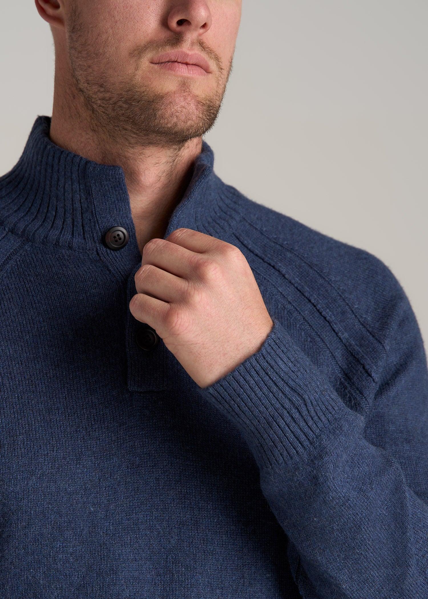 Three Button Mock Neck Tall Men's Sweater in Deep Cobalt Mix Product Image