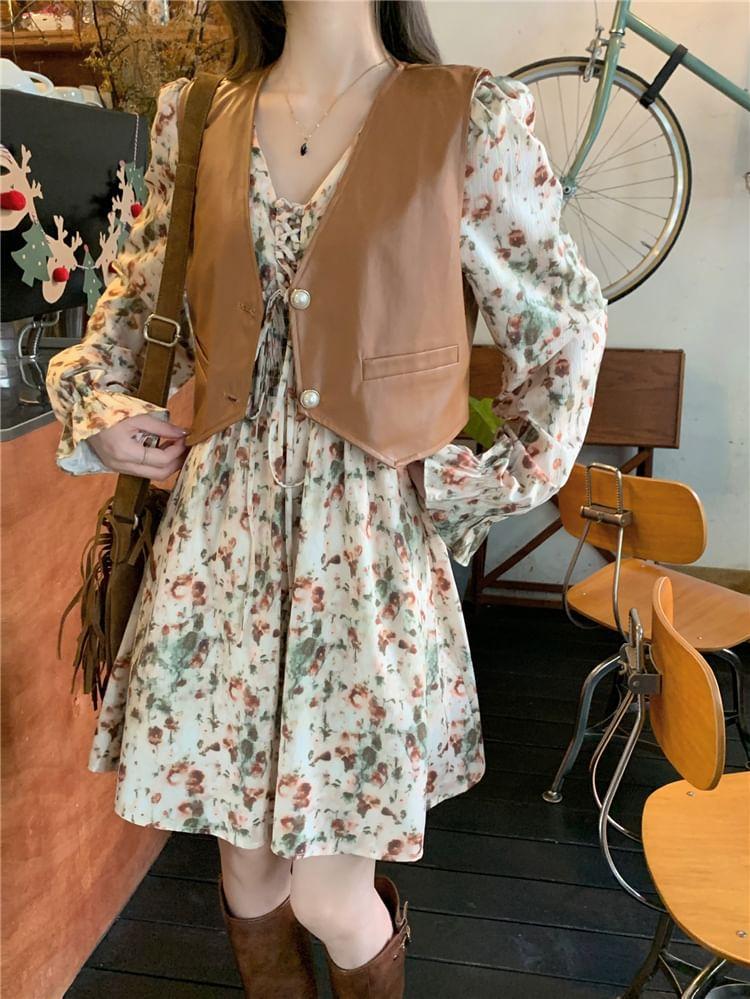 Long-Sleeve V-Neck Floral Print A-Line Dress / Faux Leather Vest Product Image