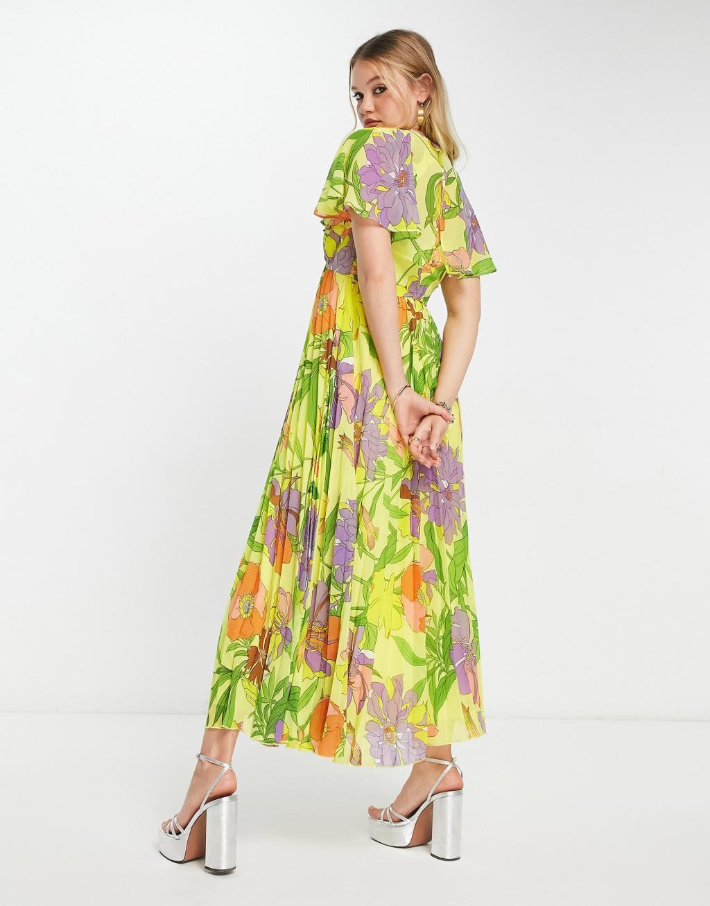 ASOS DESIGN angel cape sleeve pleated hem midi dress Product Image