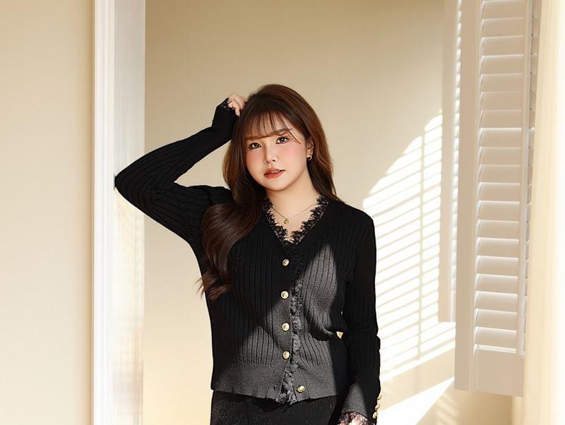 Plus Size V-Neck Plain Lace Trim Button Down Cardigan Product Image