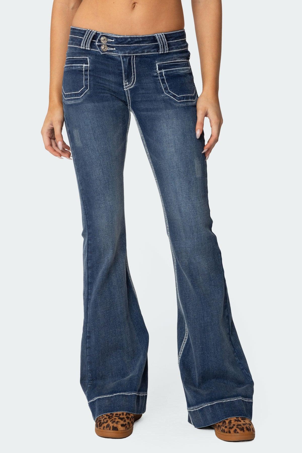 Contrast Stitch Low Rise Flared Jeans Product Image