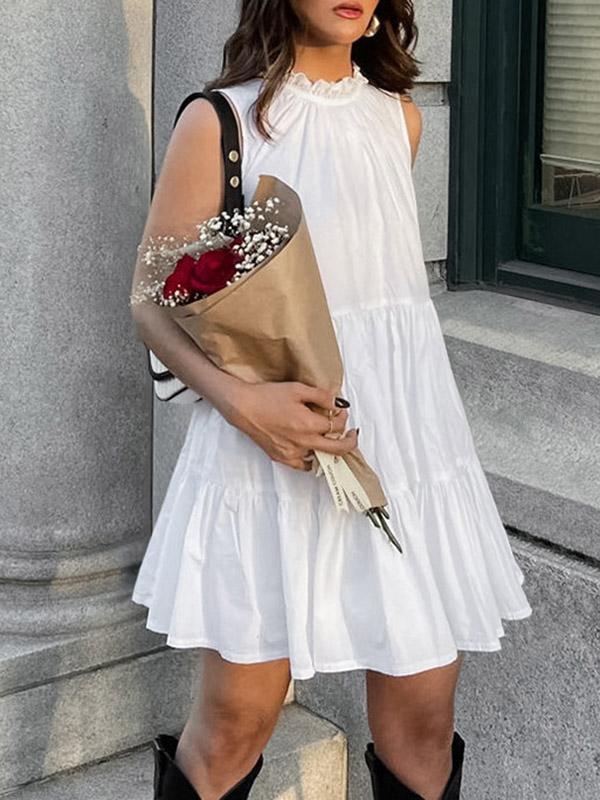 A-Line Loose Pleated Ruffled Solid Color Split-Joint Round-Neck Mini Dresses Shirt Dress Product Image