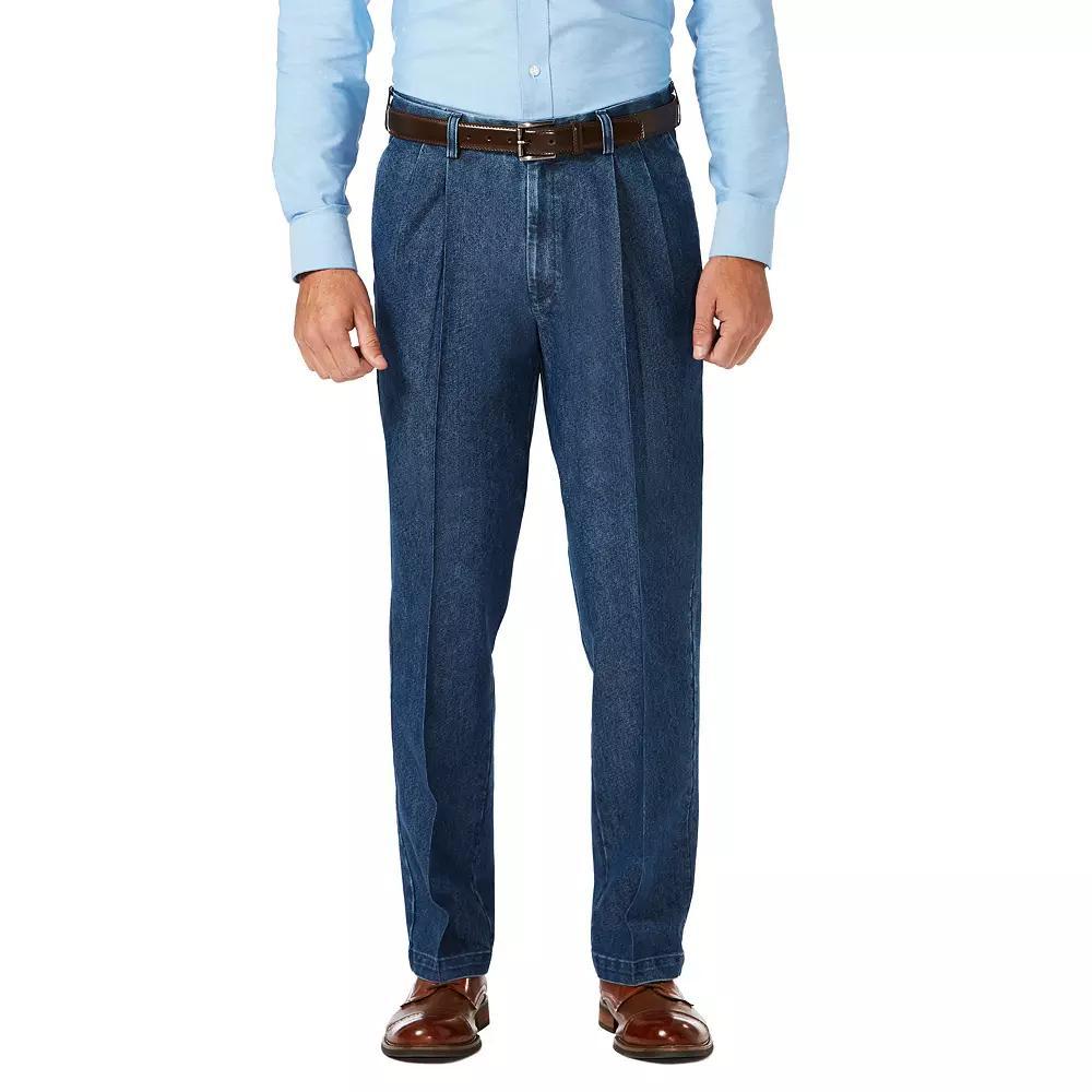 Mens Haggar Classic-Fit Stretch Expandable-Waist Pleated Jeans Medium Blue Product Image