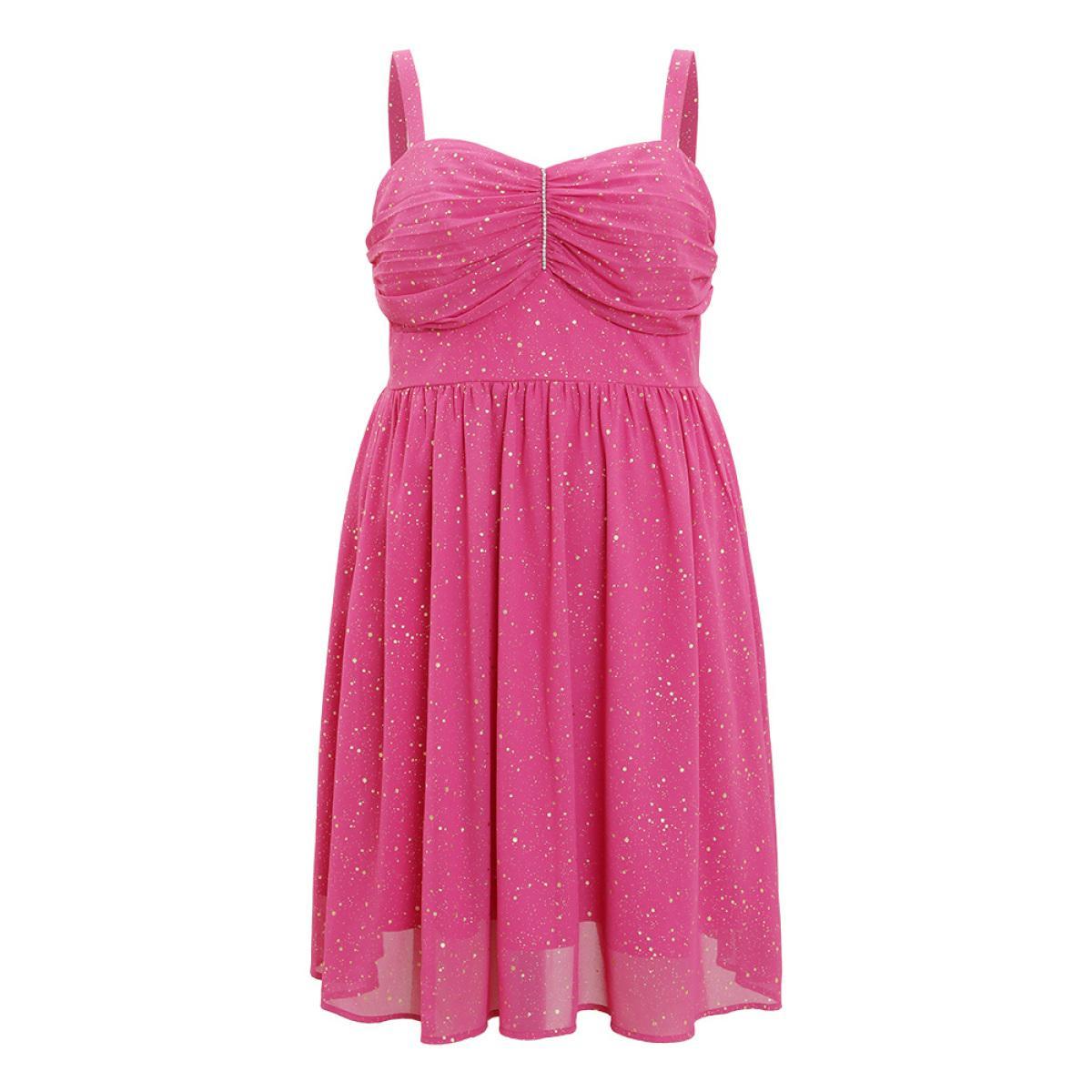 Plus Size Glitter Polka Dot Ruched Rhinestone Detail Pocket Zipper Cami Dress RedViolet Women Party Lined Spaghetti Strap Sleeveless Curvy Knee Dress BloomChic 22-24/3X Product Image