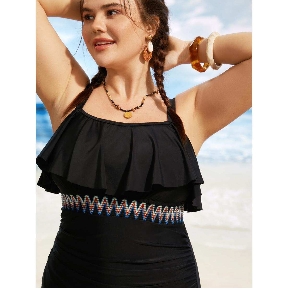 Plus Size Woven Ribbon Gathered Ruffle Trim One Piece Swimsuit Women's Swimwear Black Beach Woven ribbon&lace trim Curve Bathing Suits High stretch One Pieces BloomChic 28/5X Product Image