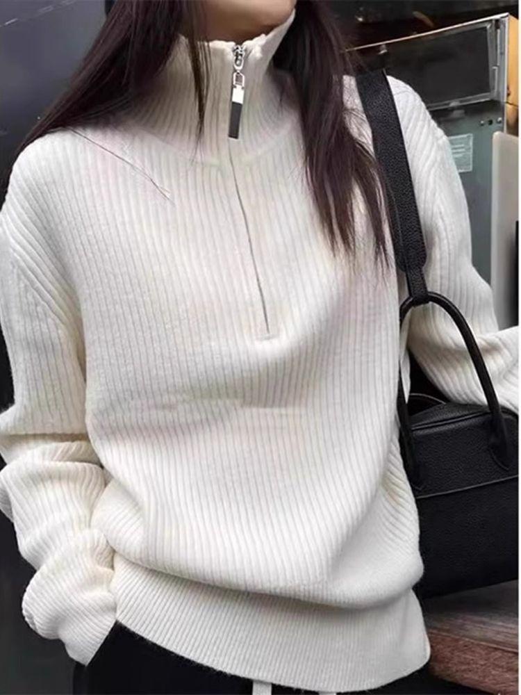 Turtleneck Plain Half Zip Ribbed Knit Sweater Product Image