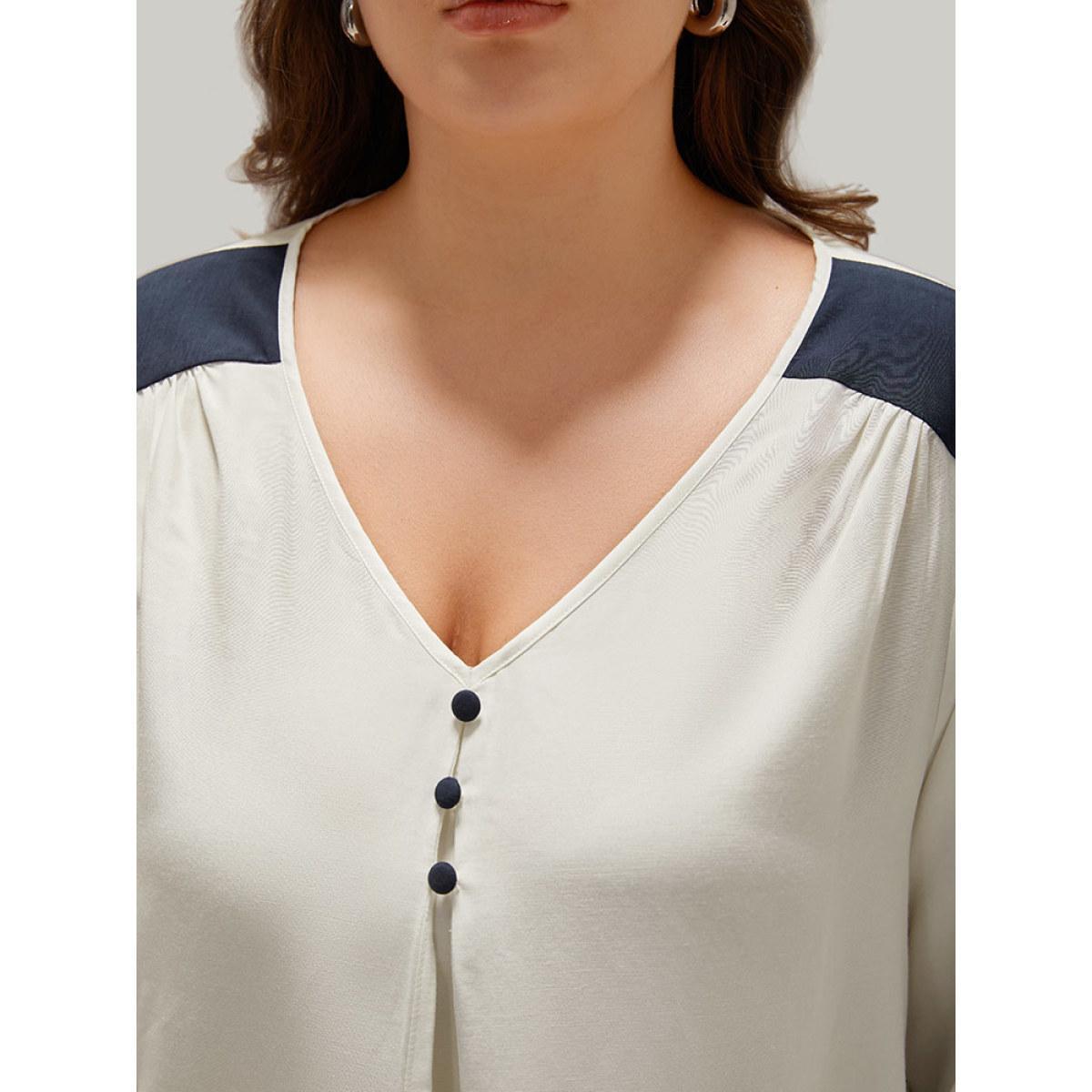 Plus Size Ivory Contrast Patchwork Plicated Button Detail Blouse Women Office Long Sleeve V-neck Work Blouses BloomChic 18-20/2X Product Image