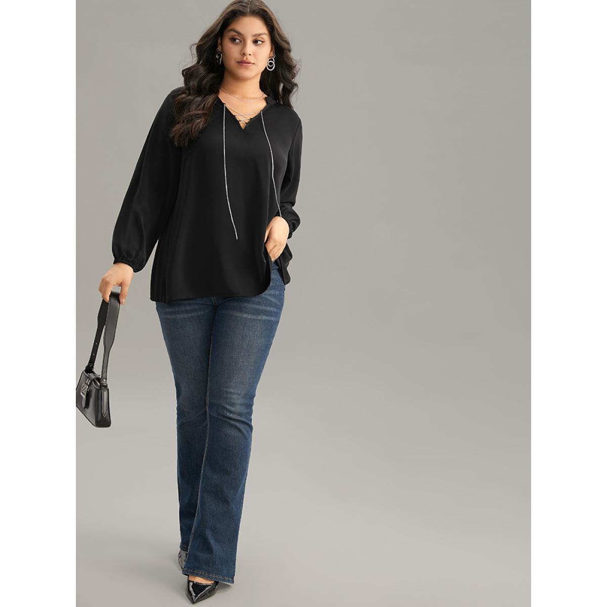 Plus Size Black Anti-Wrinkle Lace Up Chain Detail Lantern Sleeve Blouse Women Office Long Sleeve Tie Neck Party Blouses BloomChic 14-16/1X Product Image