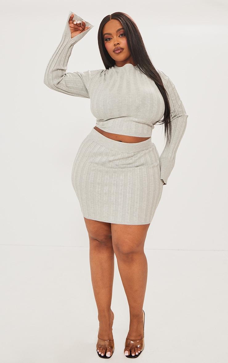 Plus Grey Wide Rib Knit Long Sleeve Top Product Image