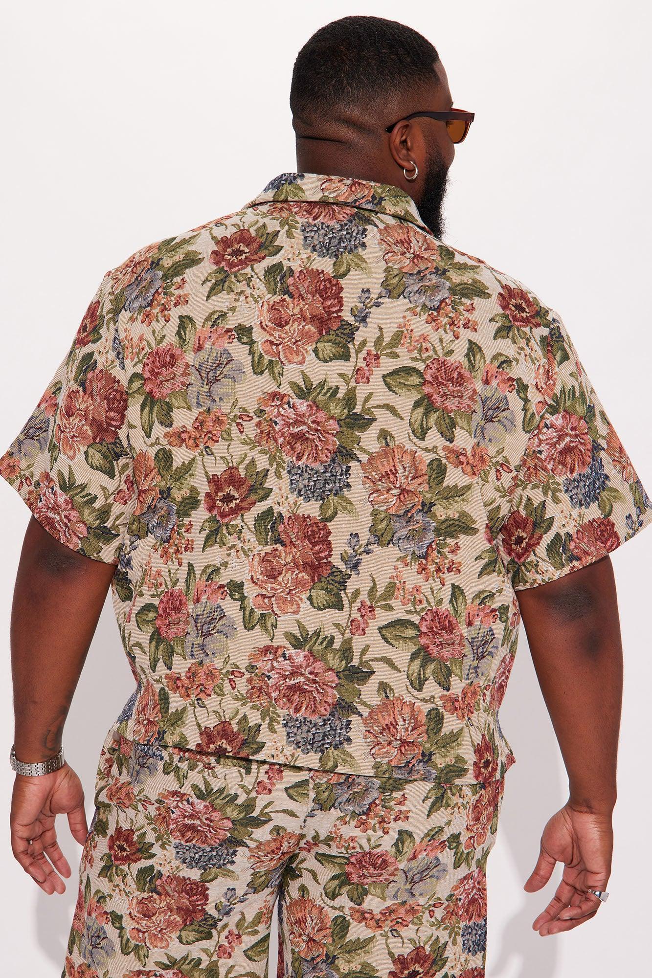 Flowers Blooming Cropped Tapestry Short Sleeve Button Up Shirt - Multi Color Product Image