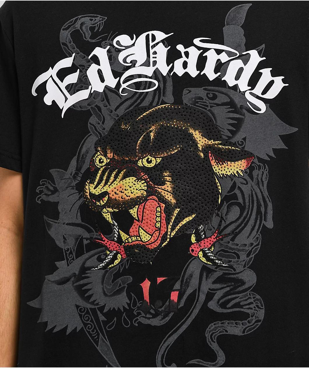 Ed Hardy Panther Head Rhinestone Black T-Shirt Product Image