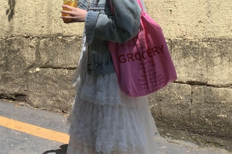 Collared Washed Button Denim Jacket / Spaghetti Strap Plain Tiered Lace Trim Maxi A-Line Dress Product Image