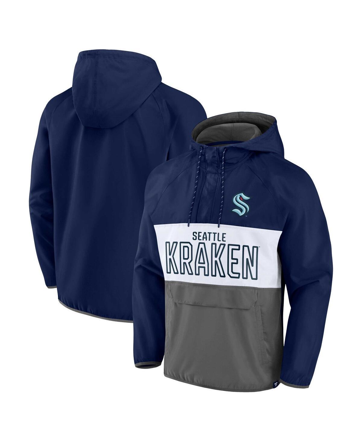 Men's Fanatics Branded Deep Sea Blue/Gray Seattle Kraken Backhand Shooter Defender Anorak Raglan Hoodie Quarter-Zip Jacket, Size: Medium, Krk Blue Product Image