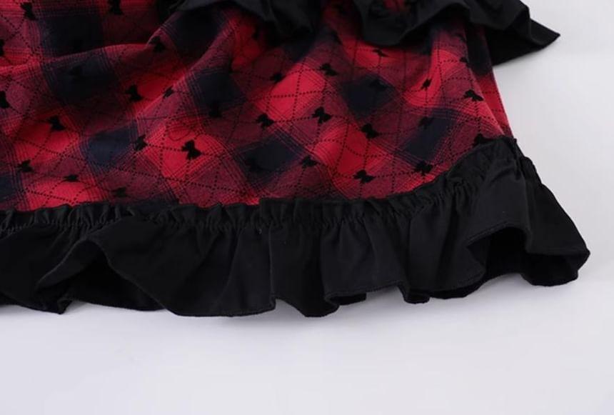 High Waist Plaid Ruffle Panel Mesh Midi A-Line Skirt Product Image