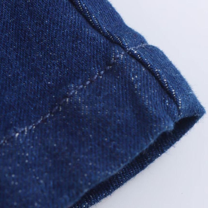 Short-Sleeve Collar Pleated Denim Button Mini A-Line Dress Product Image