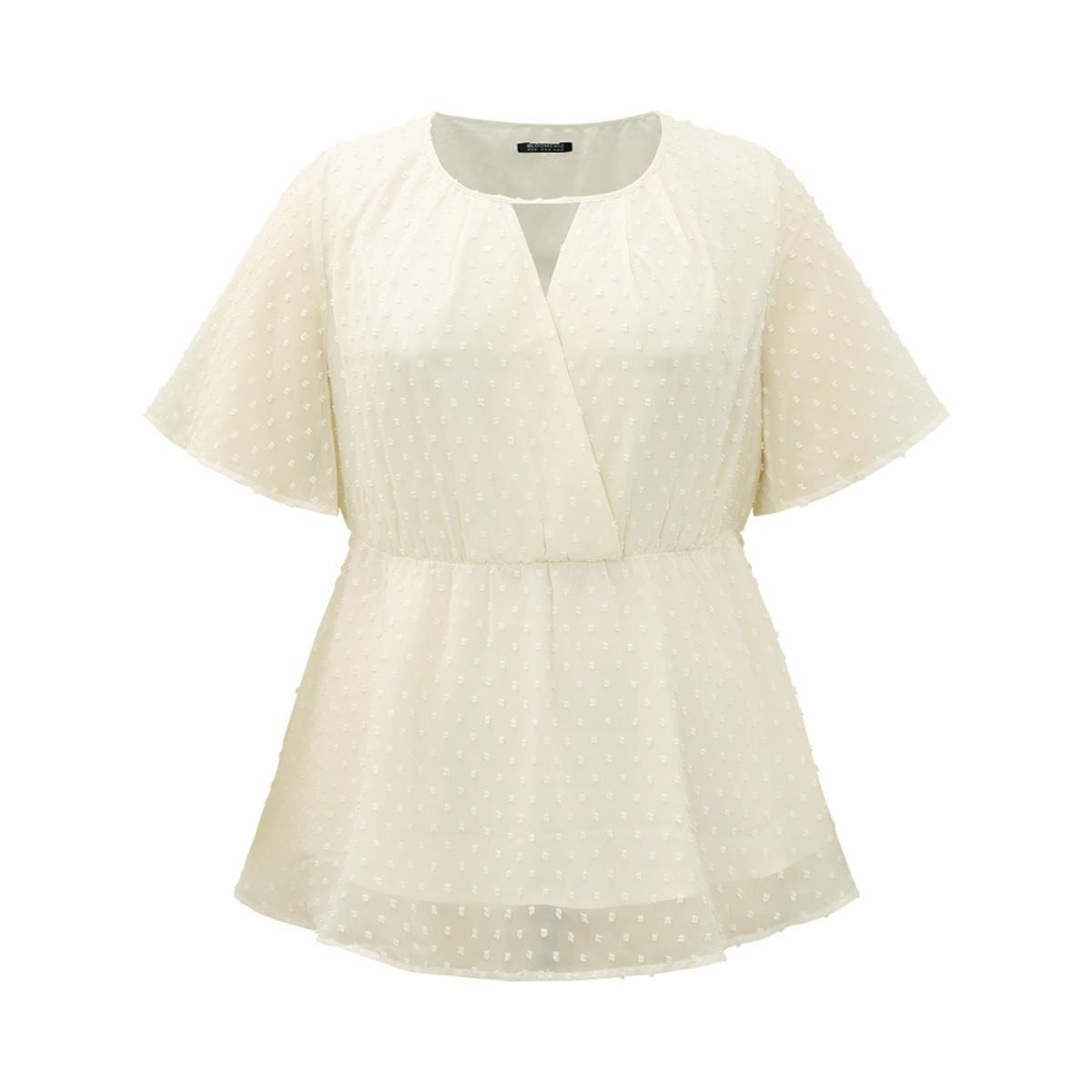 Plus Size Ivory Polka Dot Keyhole Mesh Gathered Flutter Sleeve Blouse Women Office Short sleeve V-neck Work Blouses BloomChic 10/M Product Image