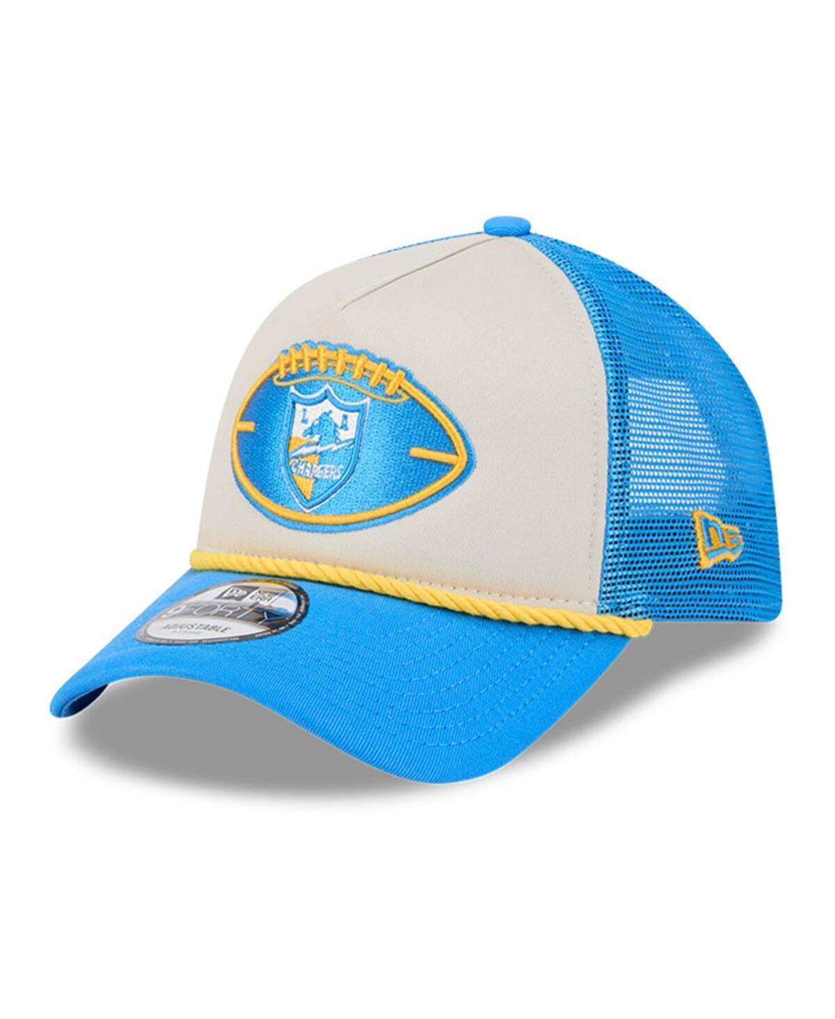 Men's New Era Stone/Powder Blue Los Angeles Chargers 2024 Sideline Historic 9FORTY A-Frame Trucker Adjustable Hat, Team Product Image