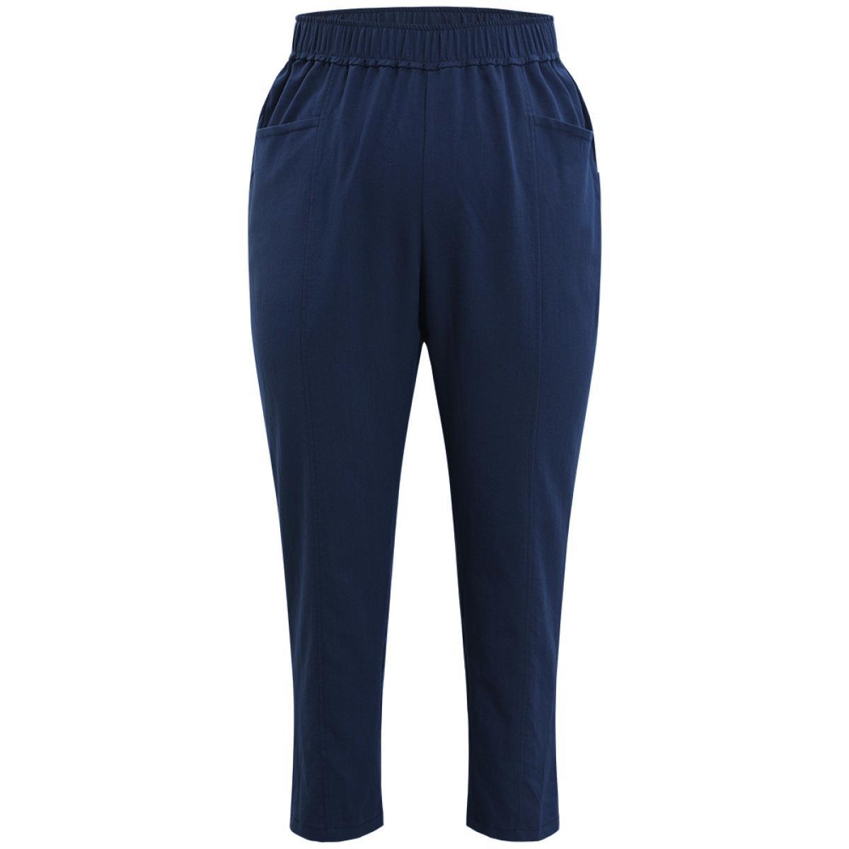 Plus Size Solid Elastic Waist Pocket High Rise Pants Women Indigo Casual High Rise Dailywear Pants BloomChic 22-24/3X Product Image