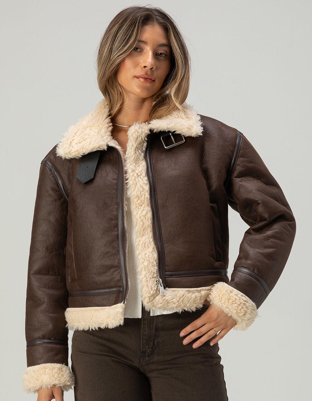 FULL TILT Womens Sherpa Moto Jacket - BROWN Product Image