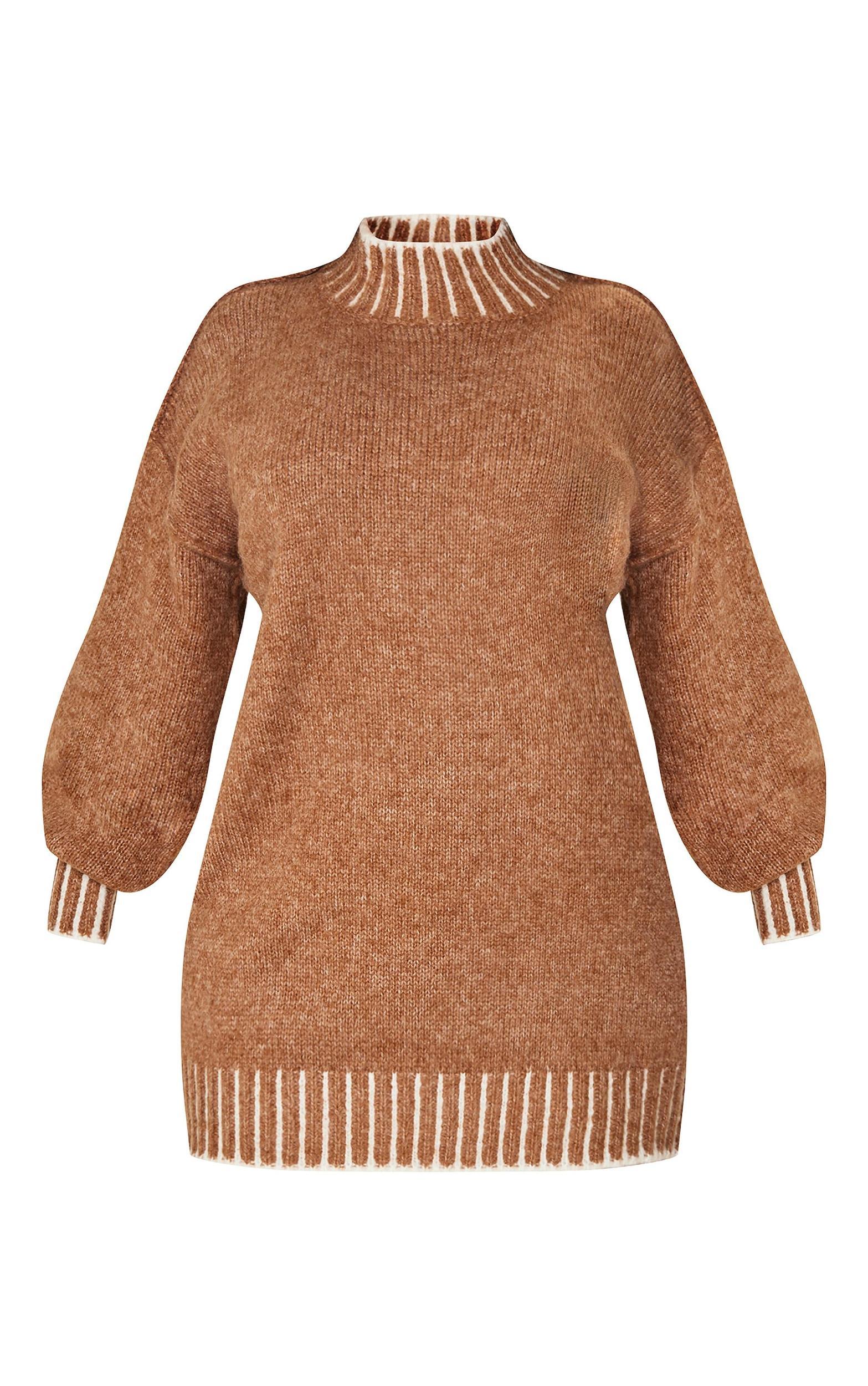 Plus Mocha Contrast Stitch Knitted High Neck Oversized Sweater Dress Product Image