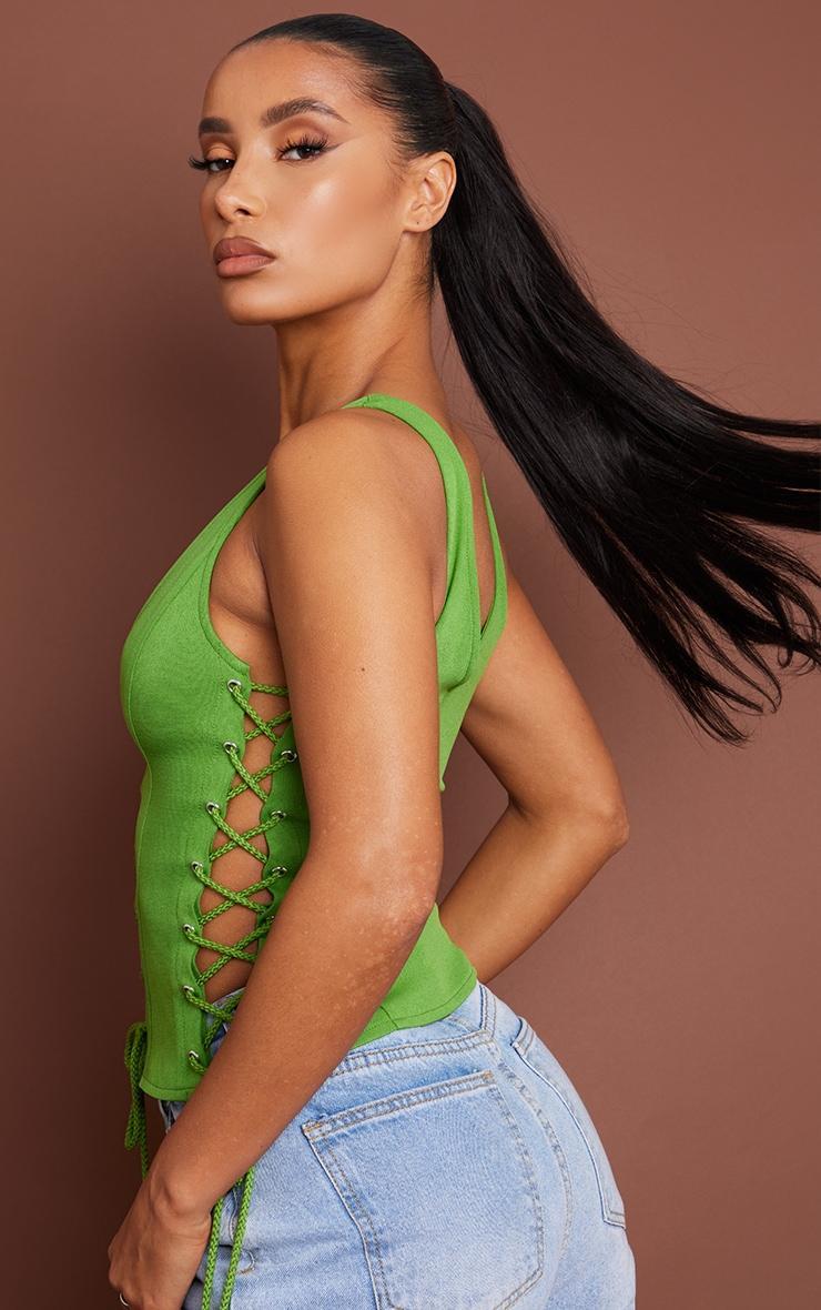 Bright Green Woven Lace Up Detail Plunge Sleeveless Top Product Image