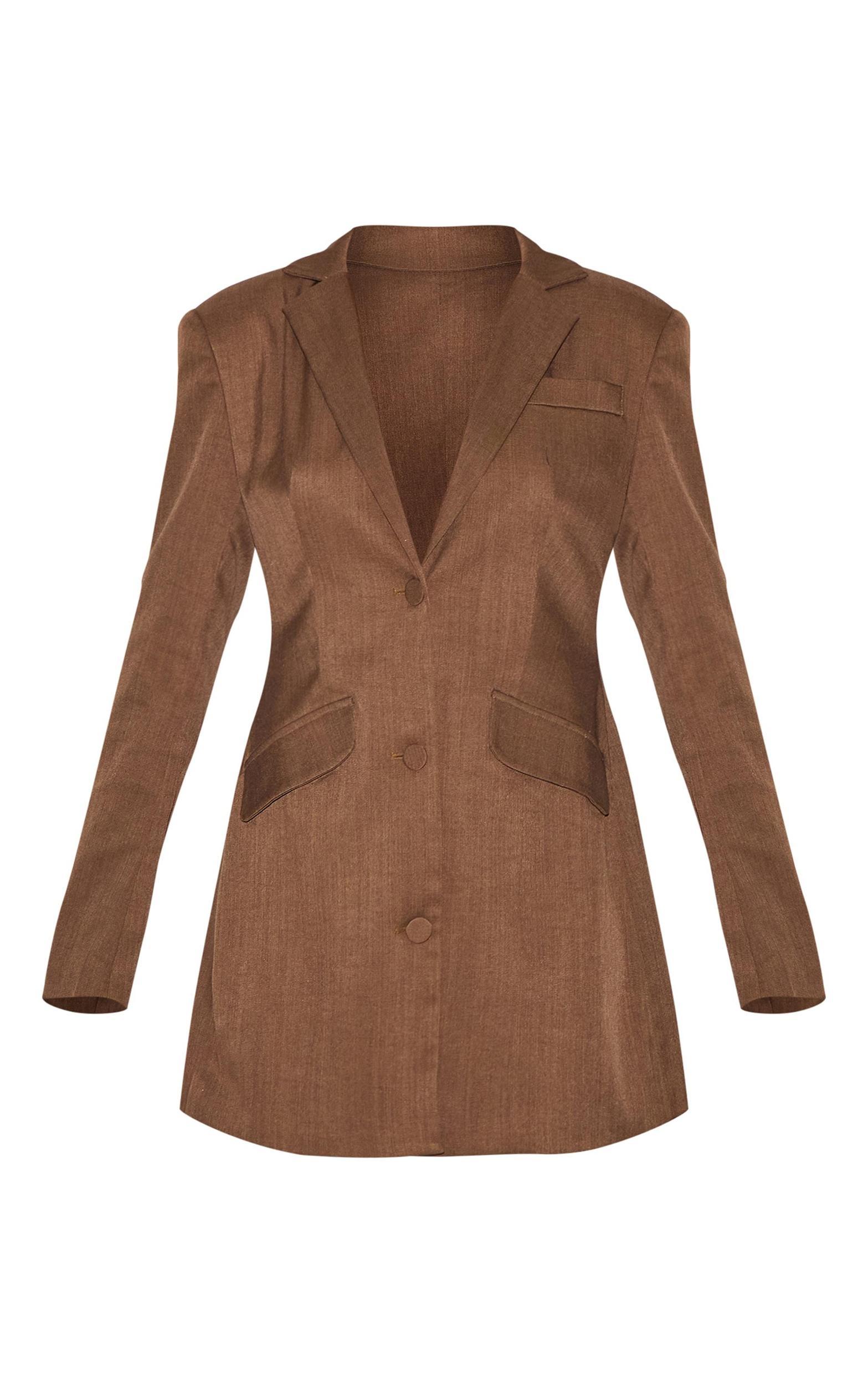 Chocolate Woven Cinched Waist Blazer Dress Product Image