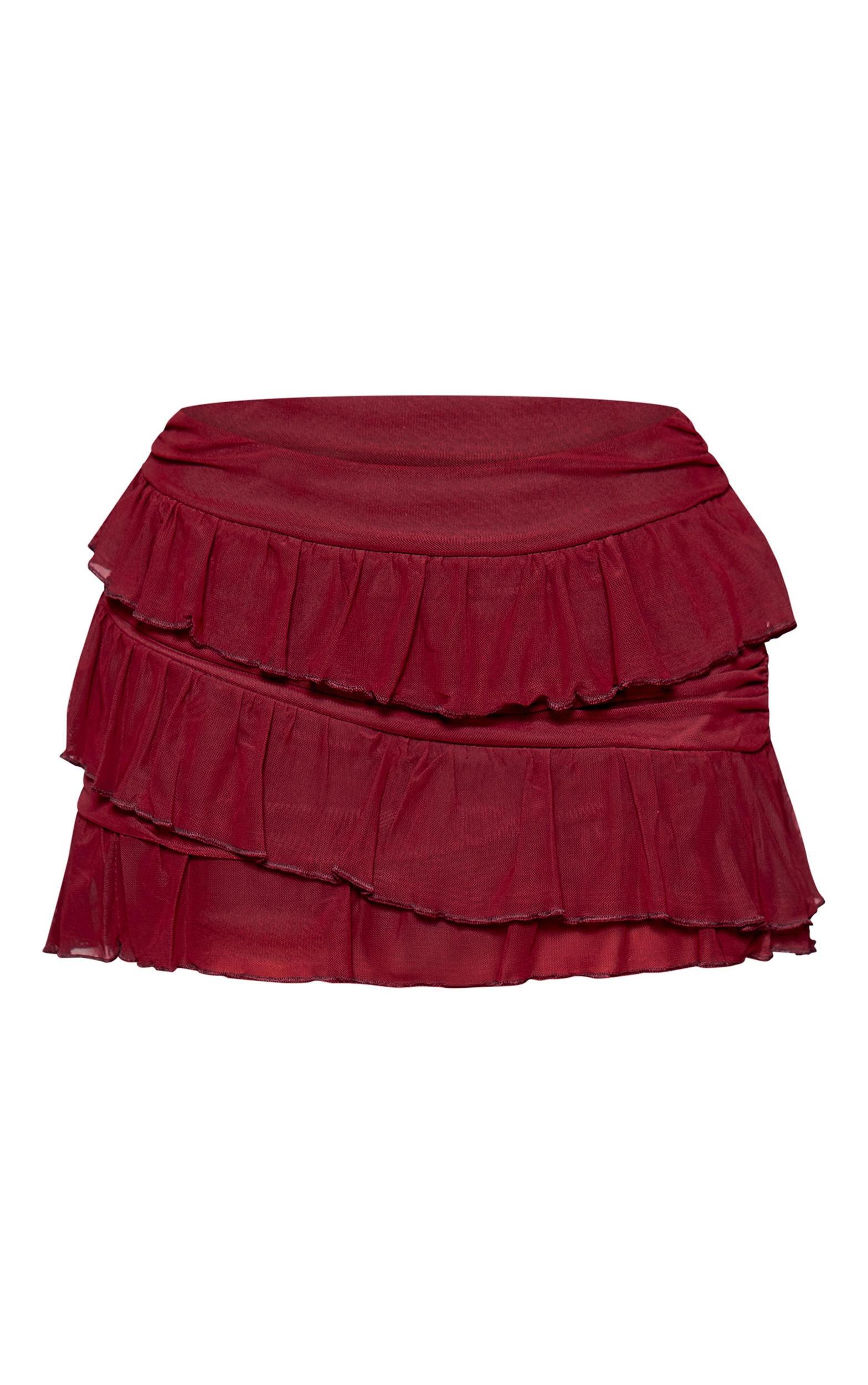 Burgundy Frilly Asymmetric Hem Mini Skirt Product Image