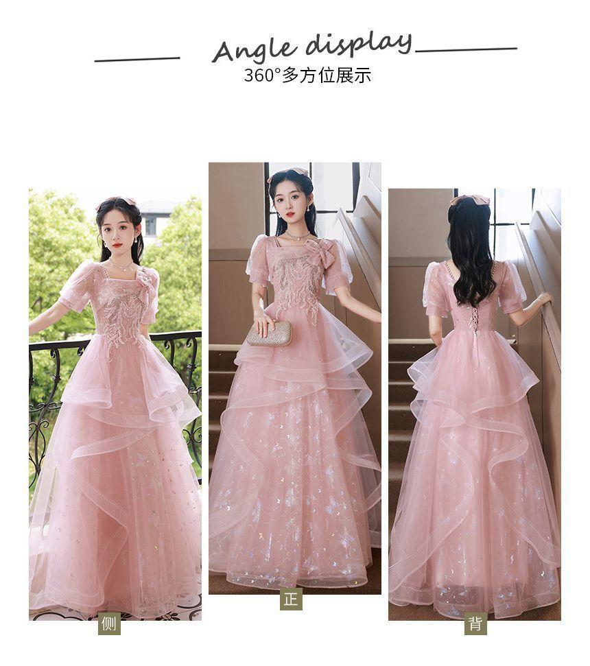 Short-Sleeve Square Neck Mesh A-Line Evening Gown Product Image