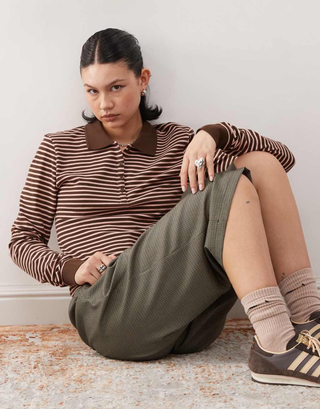Monki long sleeved pique polo in pink and brown stripe  Product Image