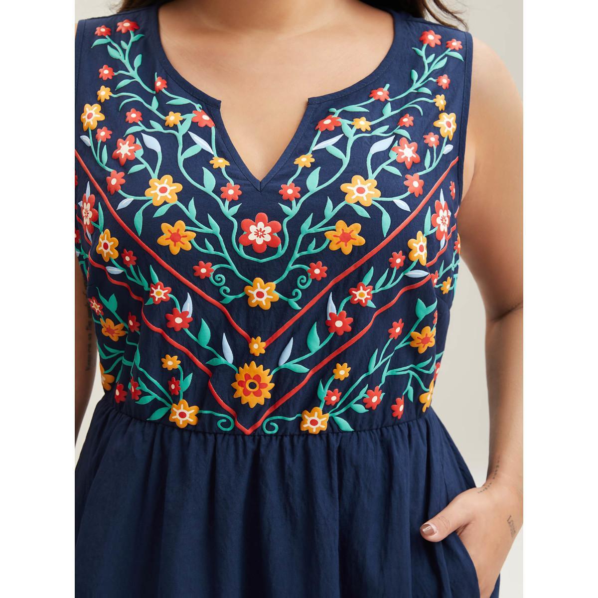 Plus Size Imitation Embroidery Woven Sleeveless Midi Dress Navy Women Asymmetrical Neck Sleeveless Curvy BloomChic 10/M Product Image