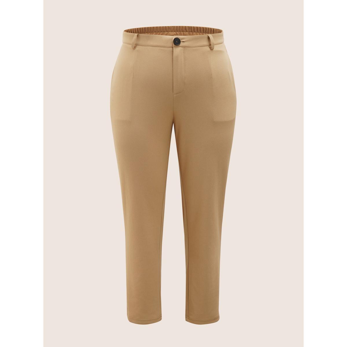 Plus Size Solid Color Zipper Pencil Pants Women LightBrown At the Office Straight Leg High Rise Work Pants BloomChic 30/6X Product Image