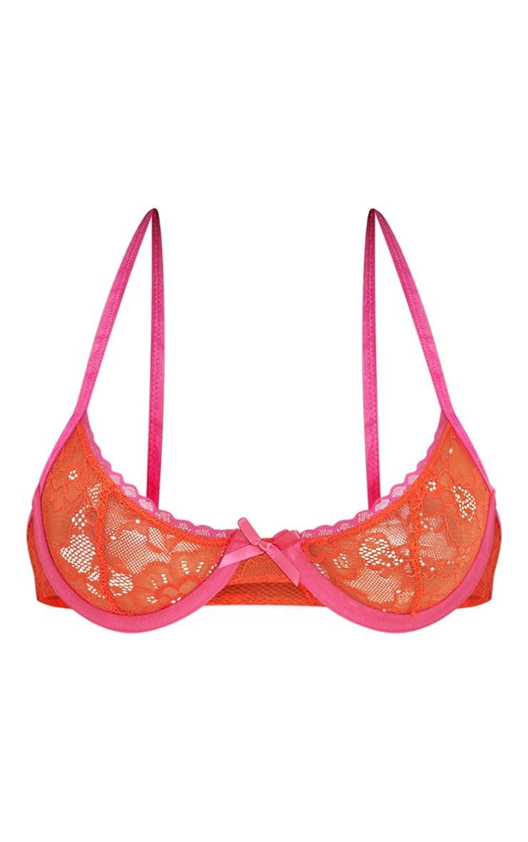 Orange Lace Contrast Detail Halterneck Bra Product Image
