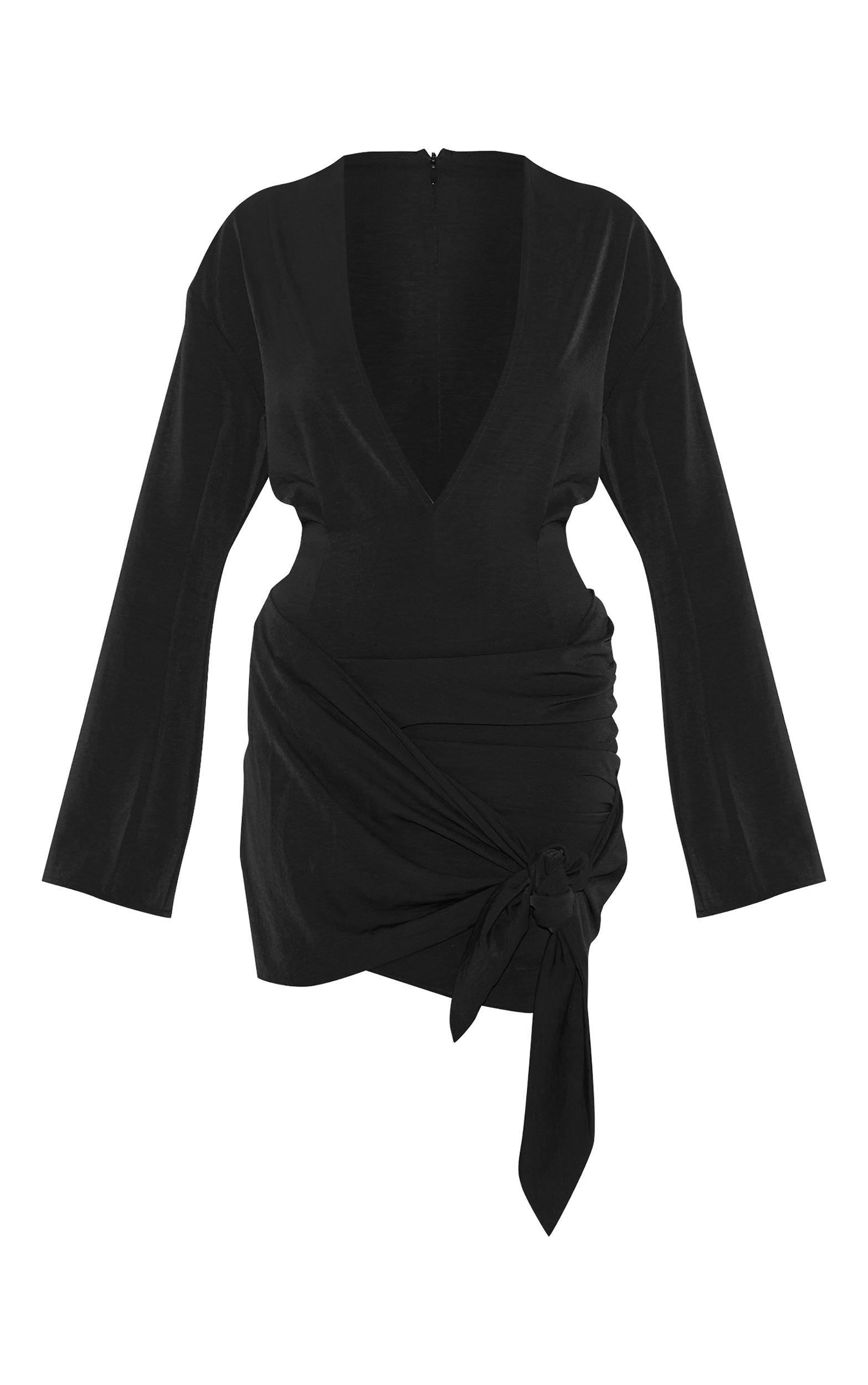 Black Woven Plunge Wrap Shirt Dress Product Image