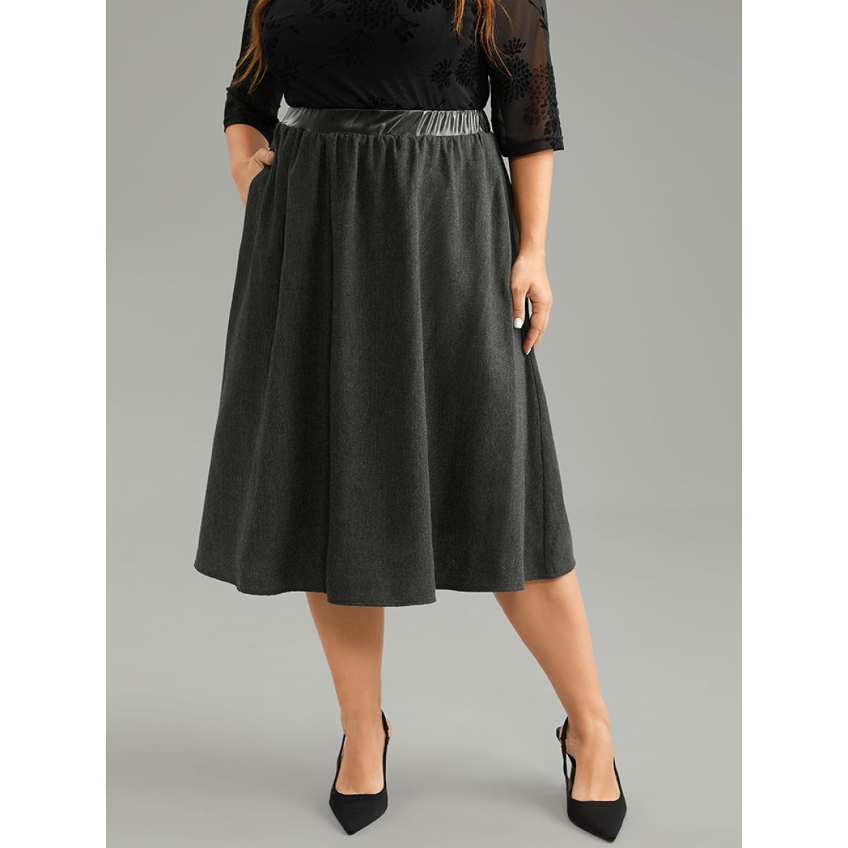 Plus Size Solid PU Patchwork Pocket Elastic Waist Skirt Women DimGray Office Texture No stretch Pocket Work Skirts BloomChic 14-16/1X Product Image