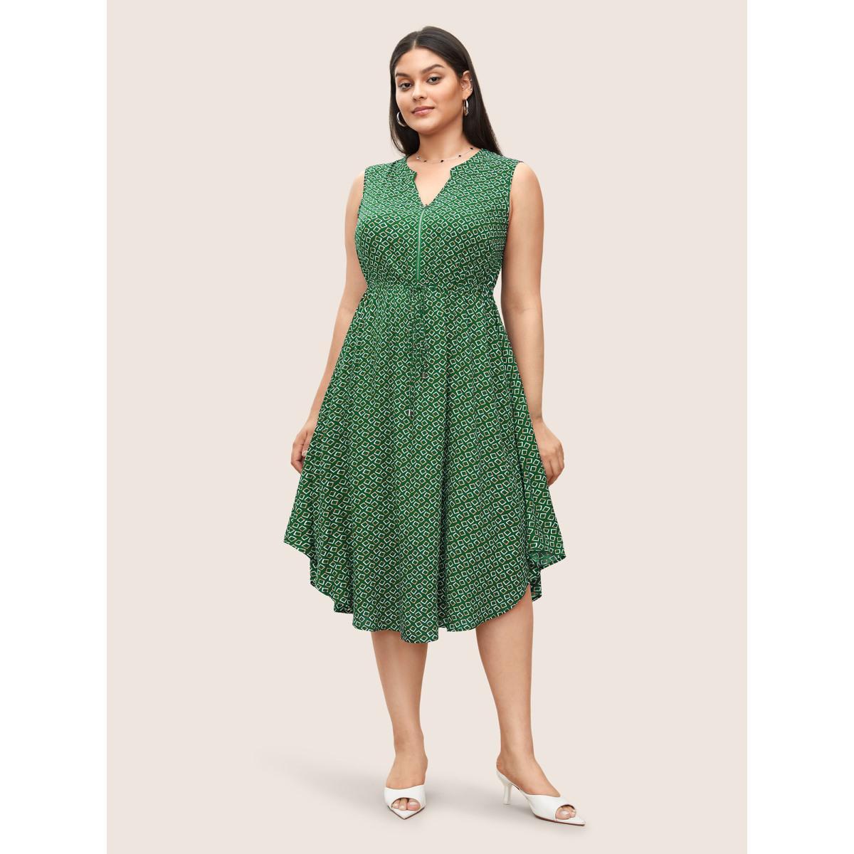 Plus Size Geometric Half Zip Drawstring Arc Hem Dress Teal Women At the Office Drawstring Flat collar with V-notch Sleeveless Curvy BloomChic 10/M Product Image