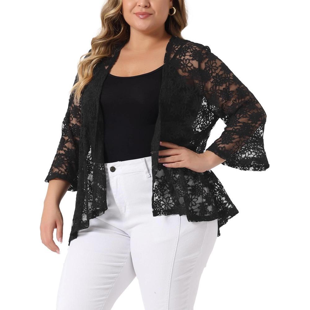 Agnes Orinda Women's Plus Size Casual Open Front 3/4 Sleeve Sheer Lace Cardigan Product Image