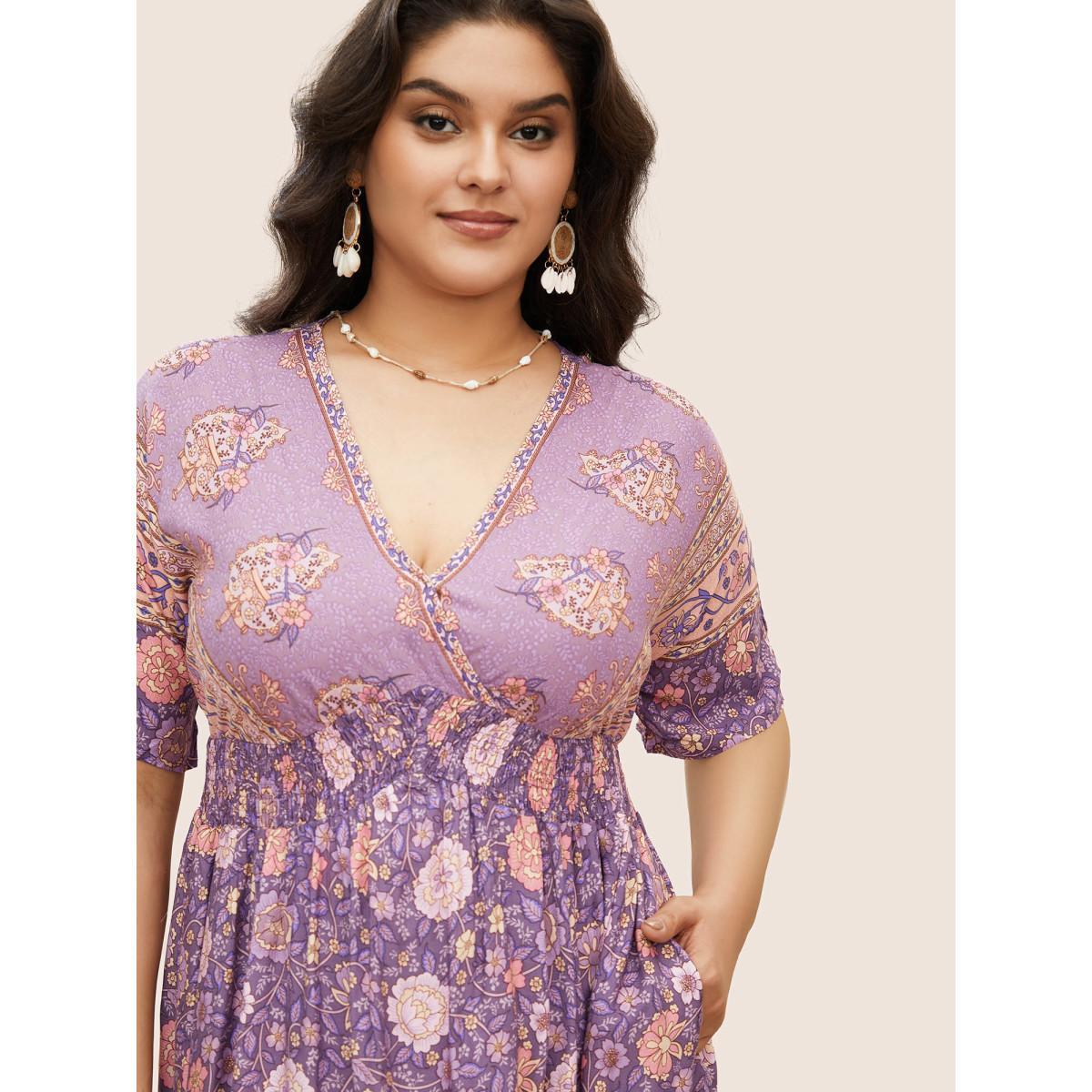 Plus Size Floral Dolman Sleeve Ruffles Shirred Split Hem Dress Mauve Women Resort Non V-neck Short sleeve Curvy Midi Dress BloomChic 22-24/3X Product Image